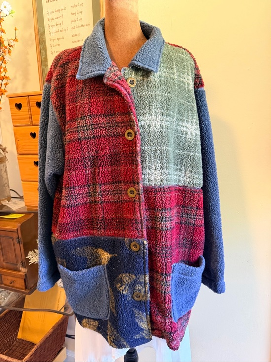 Koret Jackets & Blazers - Vintage Koret City Blues Patchwork Fleece Button Up Jacket | Colorblock L/XL
